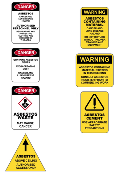 Various warning signs used to identify and indicate the presence of asbestos and asbestos containing materials.